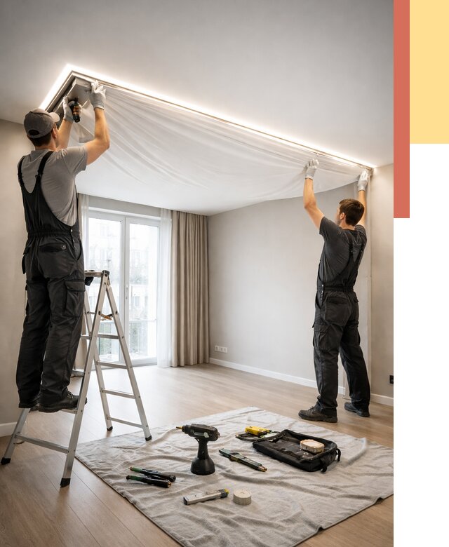 Монтаж парящего натяжного потолка в Омске от 4666 руб. быстро и недорого | ОТДЕЛОЧНИК-Омс