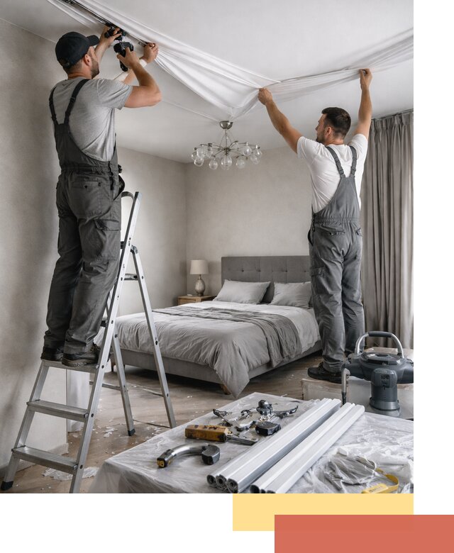 Монтаж натяжного потолка в спальне в Омске