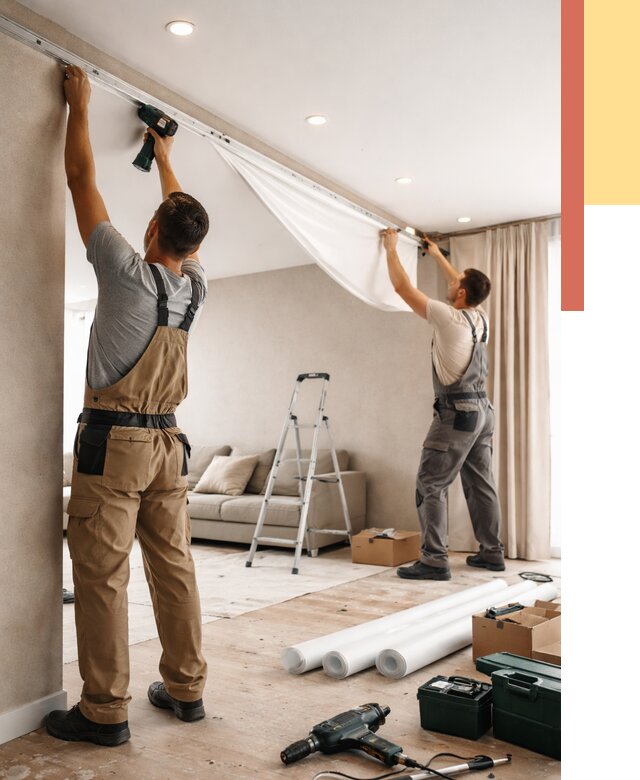 Монтаж натяжного потолка в гостиной в Омске от 570 руб. | ОТДЕЛОЧНИК-Омс