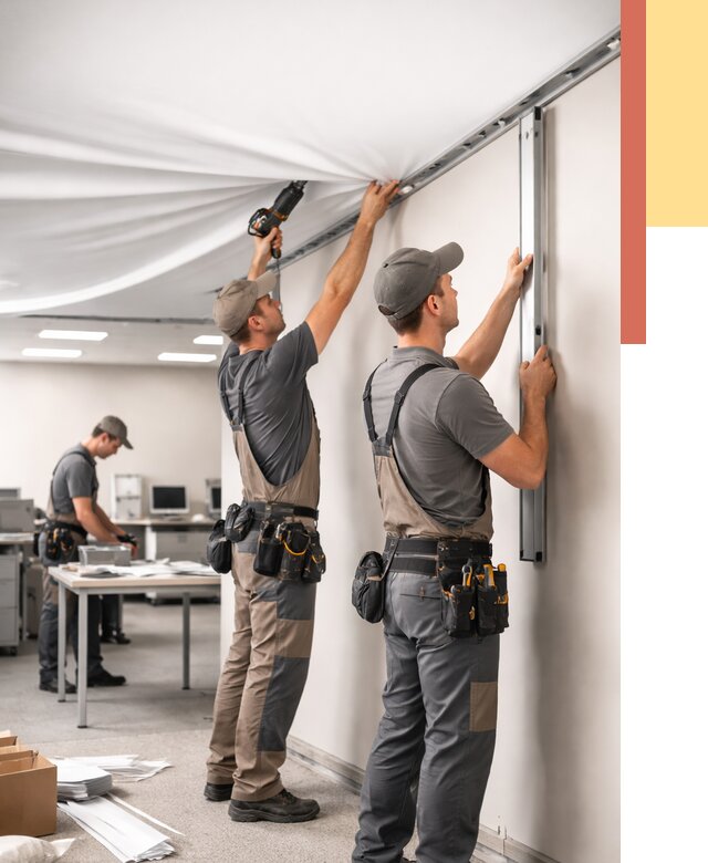 Монтаж натяжного потолка в офисе в Омске от 467 руб/м² — быстро и недорого | ОТДЕЛОЧНИК-Омс