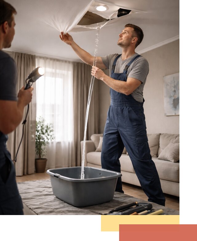 Слив воды с натяжного потолка в Омске быстро и аккуратно