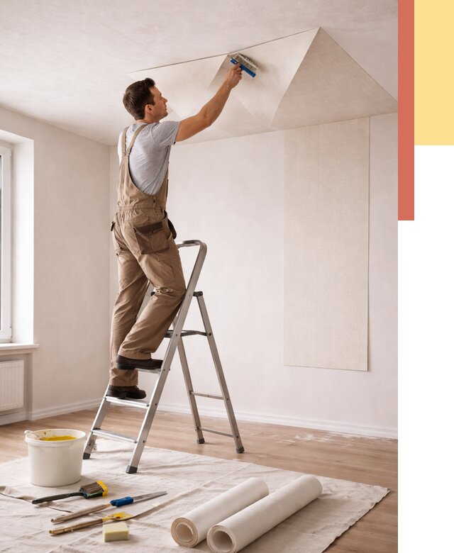 Поклейка обоев на потолок в Омске от 4666 руб. быстро и недорого | ОТДЕЛОЧНИК-Омс